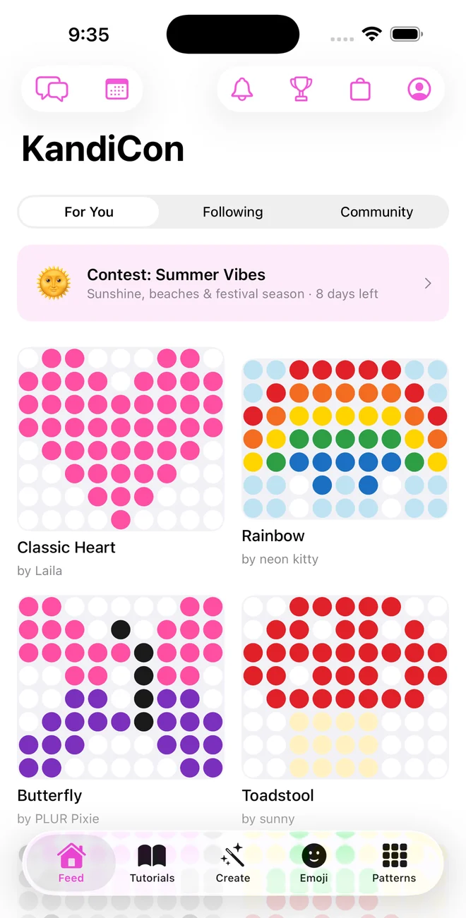The KandiCon community feed showing patterns other makers have shared and a running contest