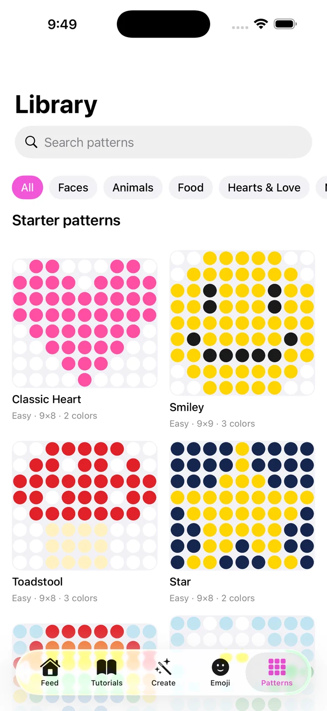 The pattern Library in KandiCon showing starter patterns with their grid size and colour count