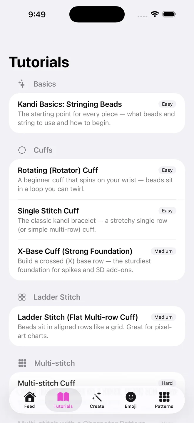 The Tutorials list in KandiCon with guides for basics, cuffs, ladder stitch and multi-stitch